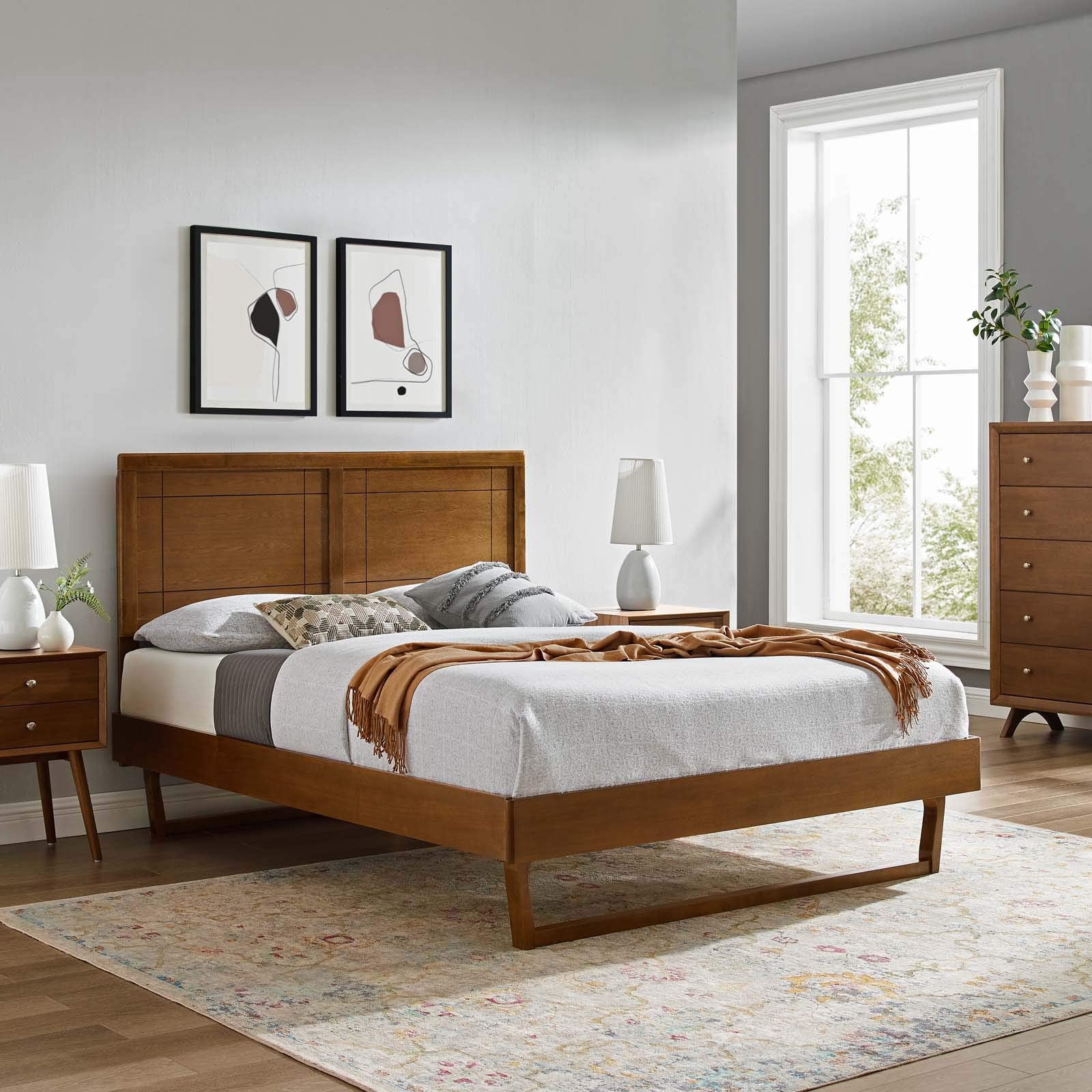 Modway Mod-6625-Wal Marlee Full Wood Platform Bed With Angular Frame, Walnut